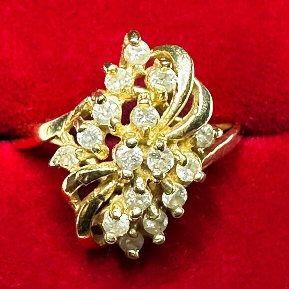 Vintage 14K Yellow Gold Diamond Cluster Ring – Size 4.5 – Cocktail - Picture 1 of 11